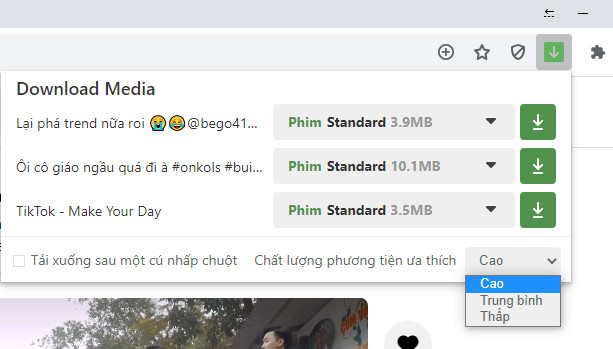 Tùy chọn chất lượng video trước khi tải về 