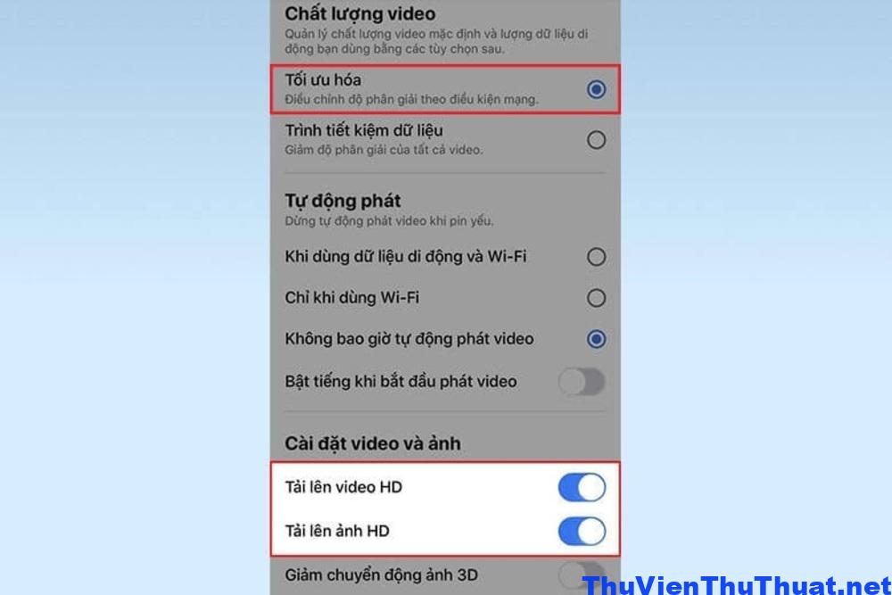 Bật tải lên ảnh và video HD