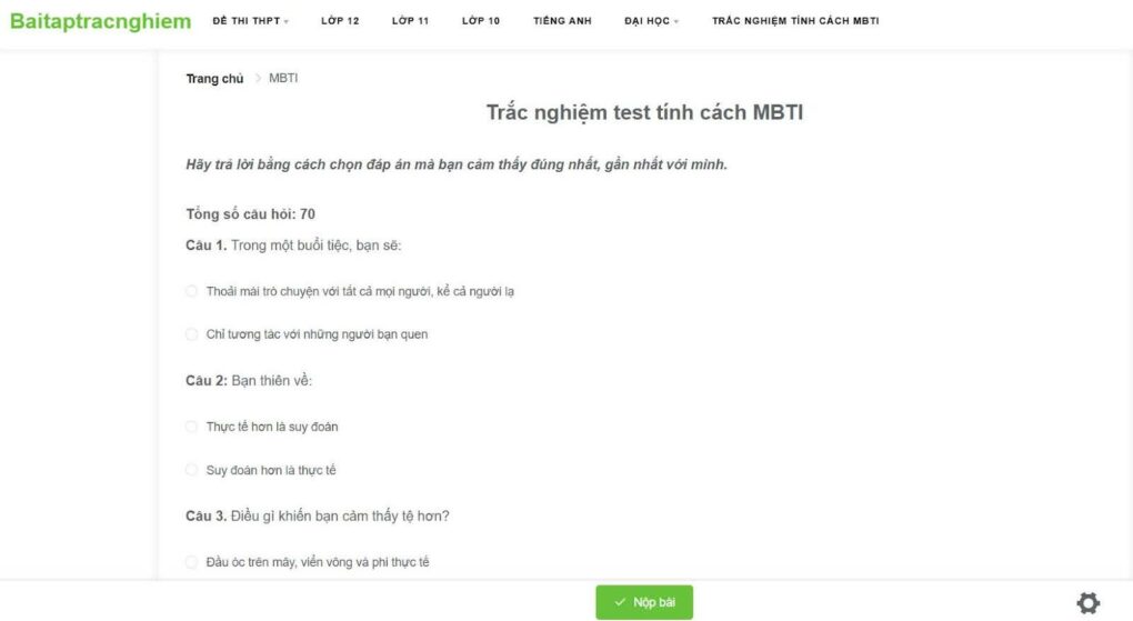 Bài test MBTI trên Baitaptracnghiem.com 